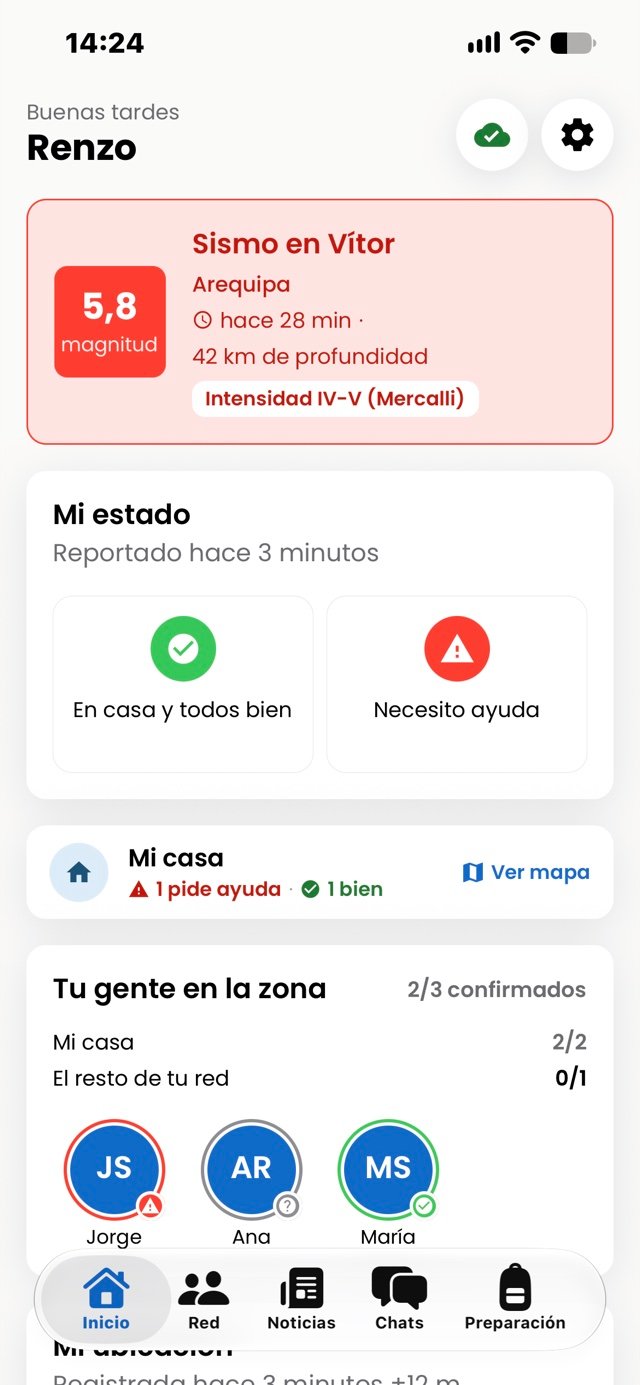 Pantalla de inicio de Todos Bien después de un sismo: la tarjeta roja del sismo de magnitud 5,8 cerca de Vítor, los dos botones para reportar cómo estás y la fila de tu gente con 2 de 3 confirmados.